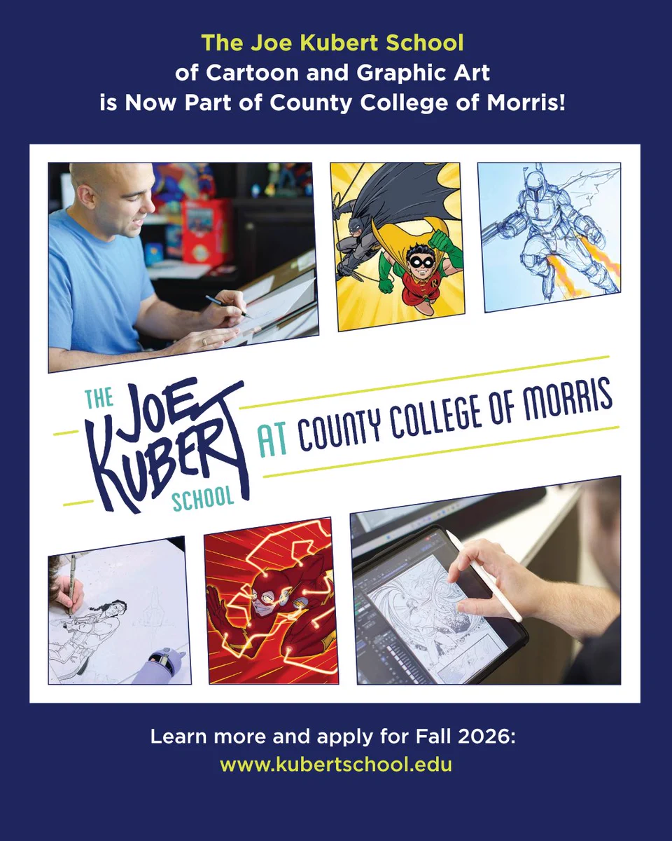 Artist sketching comic characters by hand and digitally, promoting Joe Kubert School joining County College of Morris.