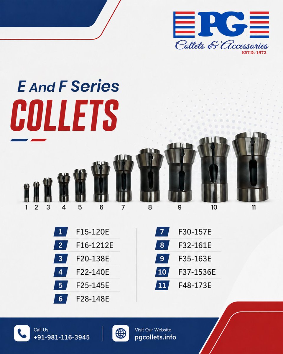 ColletsPg17662's tweet photo. Precision starts with the right collet. 

PG Collets' E &amp; F Series Collets deliver accurate clamping, long life, and reliable CNC performance across a wide range of machining applications.
📞 +91 9811163945

#pgcollets #collets #precisionengineering #cncmachining #manufacturing https://t.co/xjPG2QdZCR