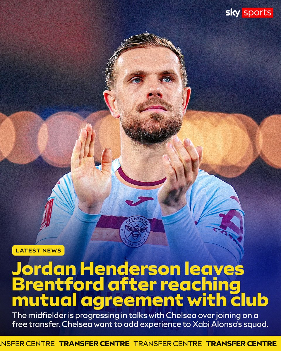 SkySportsPL's tweet photo. Jordan Henderson has reached an agreement with Brentford to terminate his contract ahead of a proposed move to Chelsea 🤝 https://t.co/Tcu8cAix0g