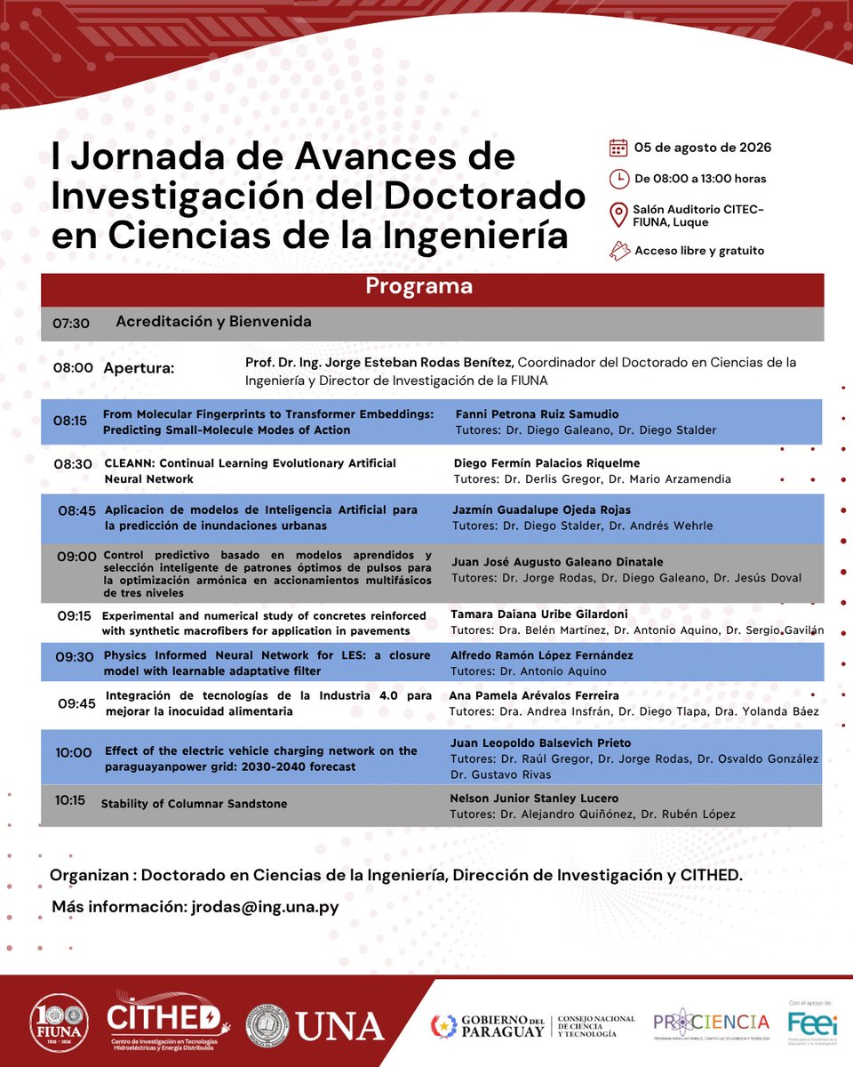 IngenieriaUNA's tweet photo. La FIUNA presentará los avances científicos de su Doctorado en Ciencias de la Ingeniería
🗓️miércoles 5 de agosto de 2026
⏰De 08:00 a 13:00
Salón Auditorio del CITEC–FIUNA - Luque. La participación es libre y gratuita.
Más inf.: https://t.co/s4cwSKWmjo 🔗 https://t.co/V1xJIN0Opb