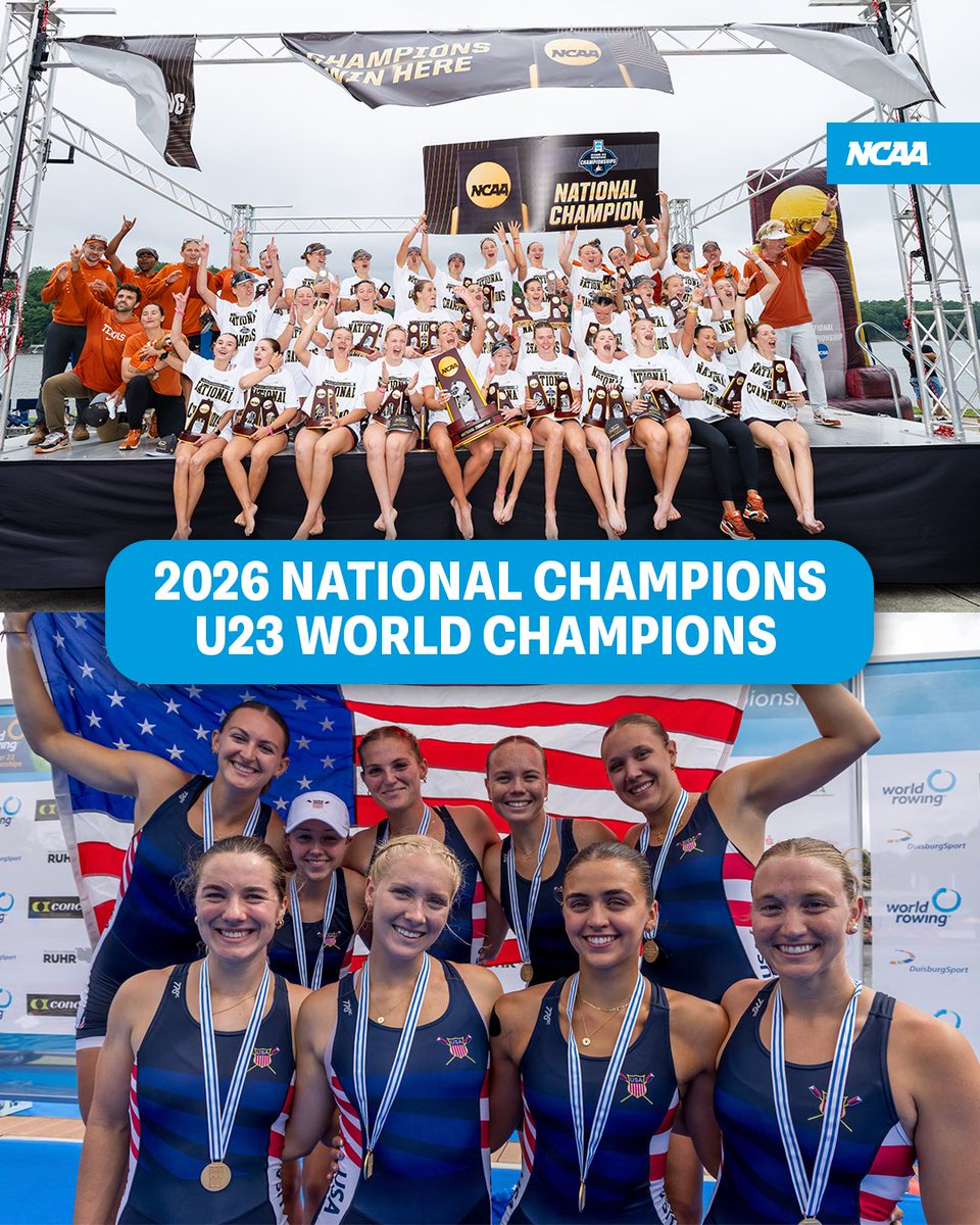 NCAA's tweet photo. National Champions ➡️ U23 @WorldRowing Champions 🏆

Congratulations to @TexasRowing teammates Amy Werner and Katherine Nordheim on taking the gold with @usrowing! 💙

#NCAAROW x @TexasLonghorns https://t.co/utI9hkehSW