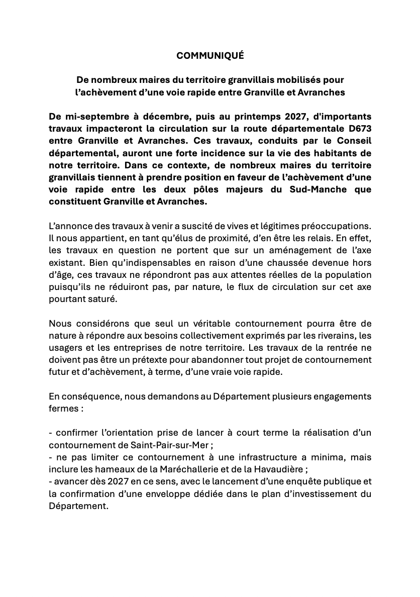 NicolasGermain_'s tweet photo. Nous sommes 31 maires du territoire granvillais à nous mobiliser en faveur d'un large contournement au départ de Granville – étape supplémentaire vers l'achèvement d'une voie rapide entre Granville et Avranches. https://t.co/27OGw01llL