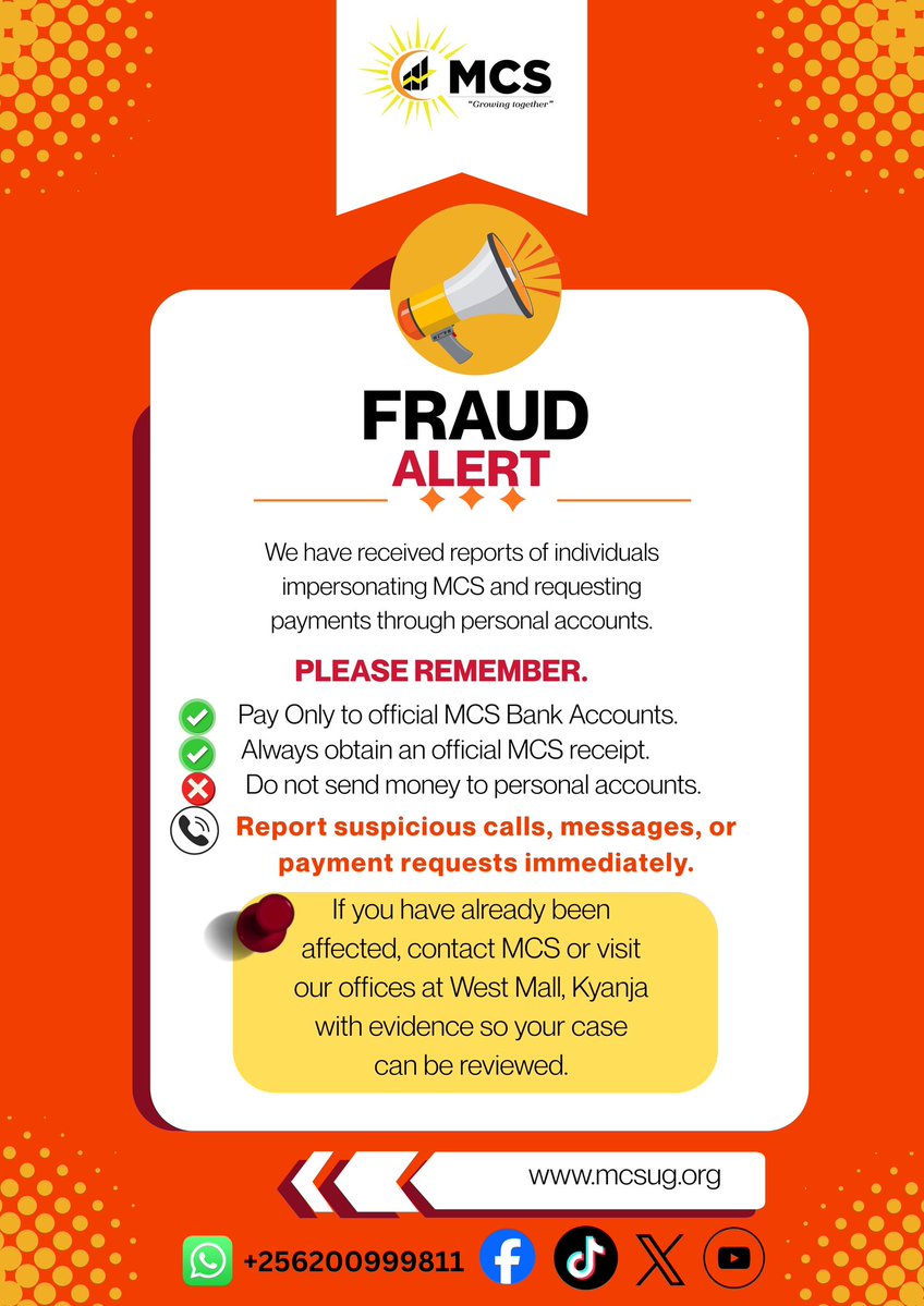 MCS_Uganda's tweet photo. With the rising concerns on internet about scams and impersonation. 

Please take note and be vigilant. Don’t be scammed. Reach out to us incase of any suspicious activity.  

Stay alert. https://t.co/4Ct1na2QIl