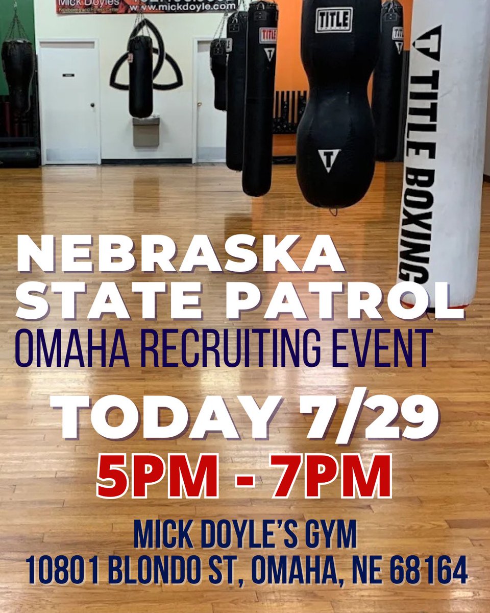 NEStatePatrol's tweet photo. NSP Recruiters will be in OMAHA today for a Meet the Recruiter event at Mick Doyle’s Gym at 108th and Blondo. 

Come meet the team, learn about becoming a Trooper, and pick up some NSP swag! 

Can’t make it tonight? Connect with a recruiter at https://t.co/ZSBct9RB3k. https://t.co/3ELOfWzZPT