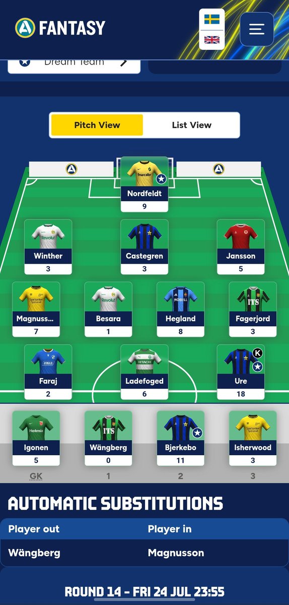Izz_Ibrahim7's tweet photo. Round 14 Allsvenskan Fantasy 🇸🇪

Ternyata transfer pemain doang, kagak atur line up 🤣

Mana Bjerkebo 11 poin pula 🫠

#Allsvenskan #AllsvenskanFantasy https://t.co/6WXSklf2Js