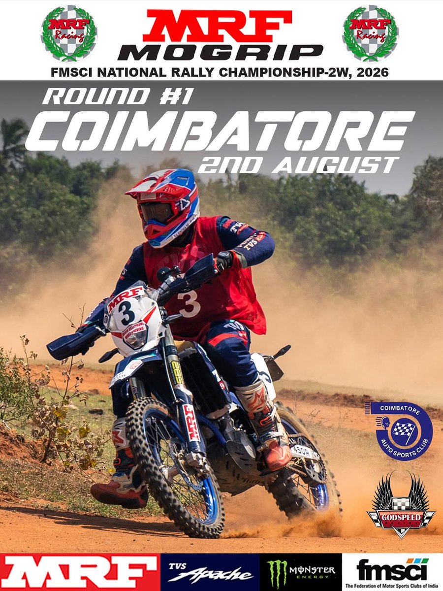 fmsci's tweet photo. ποΈ The championship begins! π₯
Round 1 of the MRF Mogrip FMSCI National Rally Championshipβ2W 2026 heads to Coimbatore on 2nd August. Get ready for high-speed action, challenging terrain, and India's top rally riders battling for championship points.
#FMSCI #MRFMogrip #National https://t.co/2eJzsXFwjy