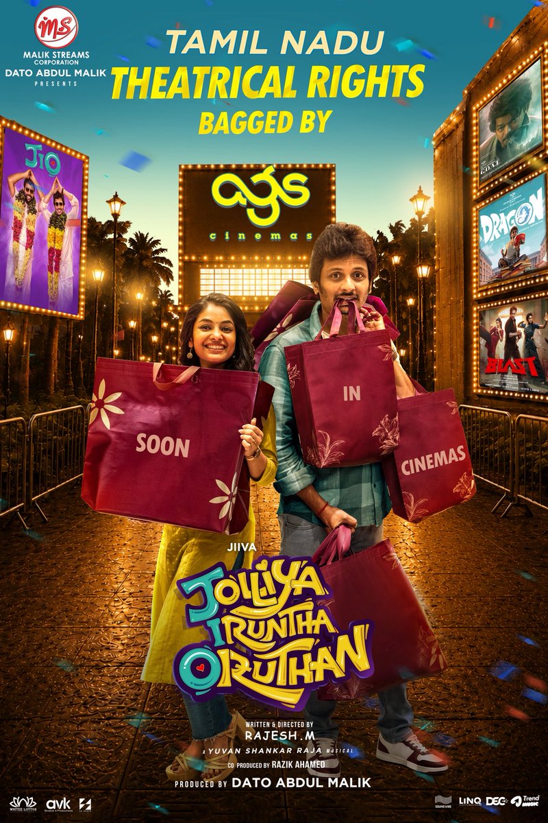 JiivaOfficial's tweet photo. We are extremely happy and proud to announce that the prestigious @agscinemas has acquired the Tamil Nadu theatrical rights for #JolliyaIrunthaOruthan! 🍿🎟️🔥

SOON IN CINEMAS

Produced by @malikstreams #datoabdulmalik
Co Produced by @Razikahamed16

A @rajeshmdirector Film

An @thisisysr Musical

@i__ivana #parithabangal_sudhakar @SrinivasRethika
@actorabdool_lee @RajAyyappamv @actorbucks @anishkuruvilla @archanakalpathi @aishkalpathi  @dopmsukumar @Ashishj74480838 @hasinipavithra1 #Ritheshselvaraj #Varun @lyricistVR @tatvaman @KumarLeelavathi @prathool @gururameshv @MPGopi3 @WarriorUKB #abilash @vinireloaded @mohamedafridi08 @trendmusicsouth
@pravin_joel @akash_tweetz @Linqmarqet @Venkyboy07 @Whiteelottus @Udaykumar_mix @Soundvibestudio #Vicky #Harie @prosathish @S2mediaofficial @KvMothi @Decoffl_ 

#jio #OGVIBES