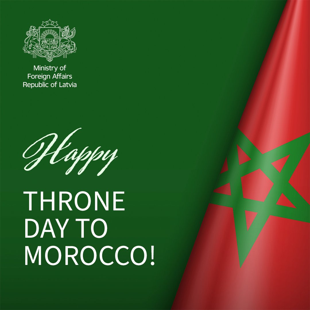 Latvian_MFA's tweet photo. Latvia 🇱🇻 extends its warmest congratulations to the Kingdom of Morocco 🇲🇦 on #ThroneDay! We look forward to developing our cooperation in the years ahead.

@Marocdiplo_EN | @MoroccoinSweden | @LVenEspana | @Morocco_UN https://t.co/kRlnurpnni