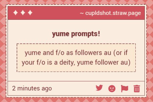 LUVCUPlD's tweet photo. 🏹 — scenario 

“yume and f/o as followers au (or if your f/o is a deity, yume follower au” 

which deity would you/your oc and your f/o be a follower of? https://t.co/LSVuEc7ljw