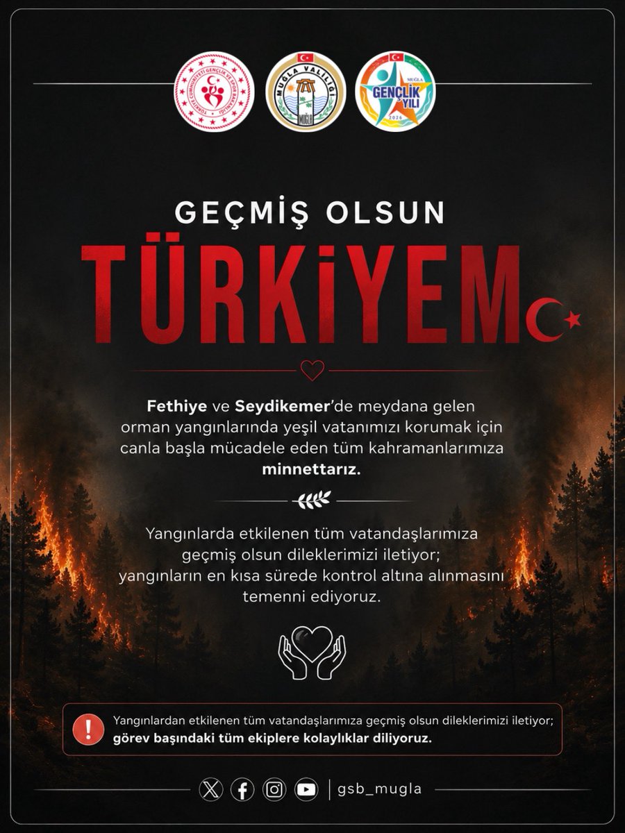 GSB_Mugla's tweet photo. 🇹🇷🔥 GEÇMİŞ OLSUN MUĞLAMIZ, GEÇMİŞ OLSUN TÜRKİYEM 🇹🇷

Fethiye ve Seydikemer ilçelerimizde meydana gelen orman yangınlarından etkilenen tüm vatandaşlarımıza geçmiş olsun dileklerimizi iletiyoruz.

Yeşil vatanımızı korumak için büyük bir özveriyle görev yapan orman teşkilatımıza, https://t.co/9M29gFkXpD
