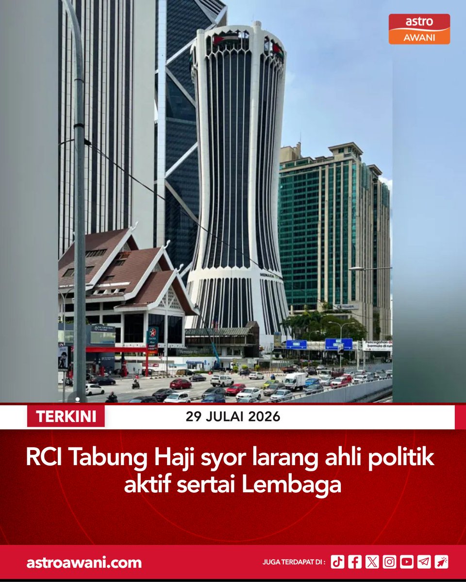 501Awani's tweet photo. Suruhanjaya Siasatan Diraja (RCI) mengenai pengurusan dan operasi Lembaga Tabung Haji (TH) mengesyorkan ahli politik aktif dilarang daripada dilantik sebagai Pengerusi atau anggota Lembaga TH serta anak syarikatnya sebagai sebahagian daripada reformasi menyeluruh tadbir urus institusi berkenaan.

Dalam laporan setebal hampir 200 muka surat yang diterbitkan hari ini, Suruhanjaya berpandangan penglibatan ahli politik dalam pengurusan TH menimbulkan keresahan dalam kalangan masyarakat selain membuka ruang kepada persepsi campur tangan politik dalam beberapa keputusan penting institusi itu.

Lanjut: https://t.co/eIQJWdvYsd
#AWANInews