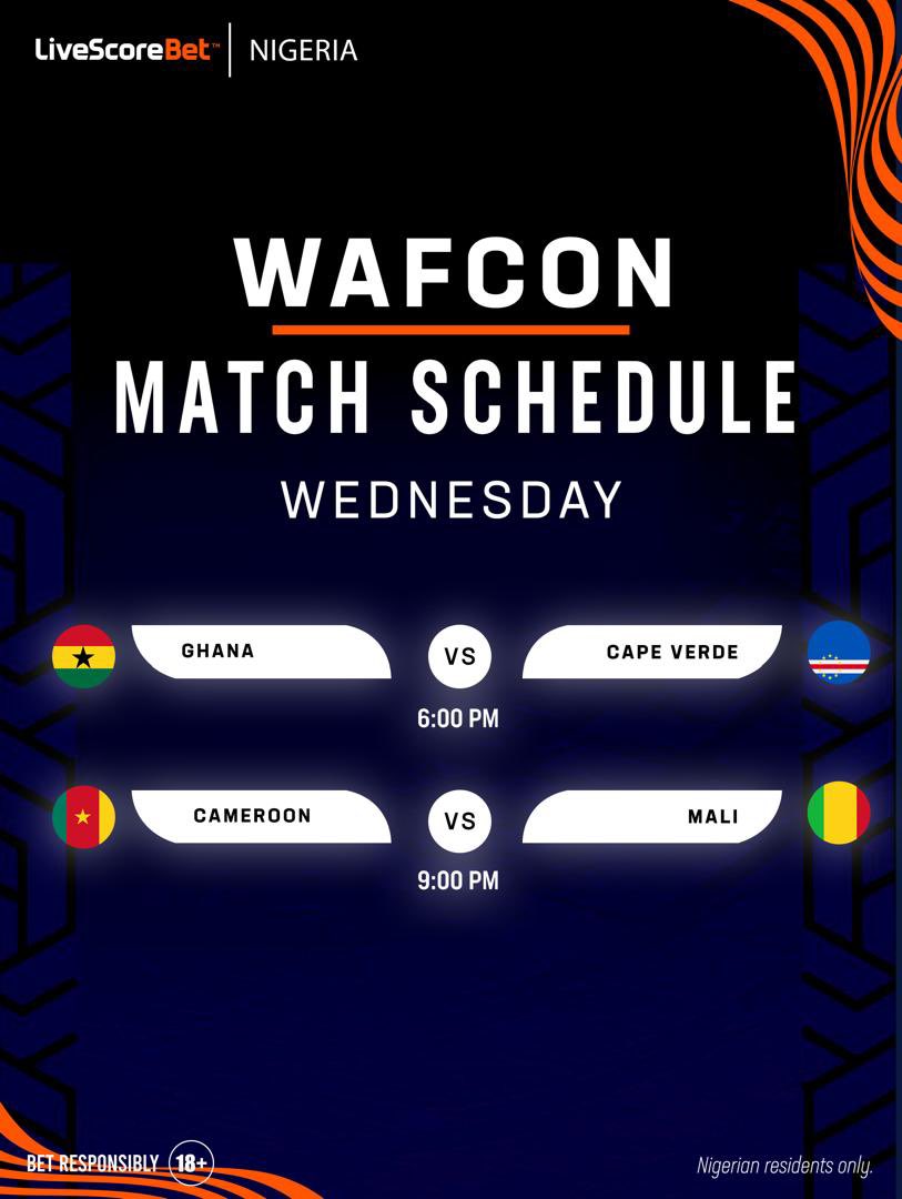 LivescorebetNG's tweet photo. WAFCON action is heating up! 🔥⚽

Who’s getting the win tonight… Ghana 🇬🇭, Cape Verde 🇨🇻, Cameroon 🇨🇲 or Mali 🇲🇱?

👉 Lock in your predictions now and get in on the action with LiveScore Bet! 

⚠️ Nigerian residents only. 🔞
 #18+ #PlayResponsibly #WAFCON #LiveScoreBetNigeria https://t.co/FeOsom7AH7