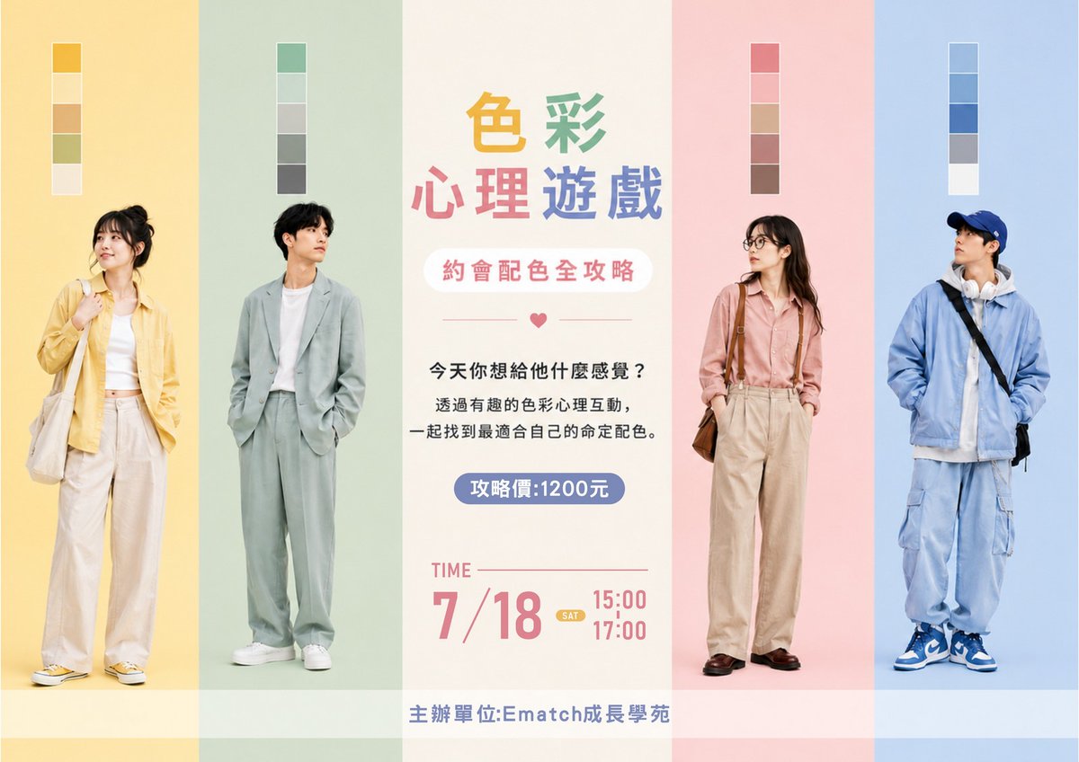 khematch's tweet photo. 📌色彩心理遊戲
約會穿什麼顏色最加分？
用色彩心理學找到你的命定配色
不同場合給人不同的感覺
讓每次約會都穿對不踩雷✨

#ematch成長學苑 #活動 #交友 #聯誼 #課程 https://t.co/Eq5Ul9IW93