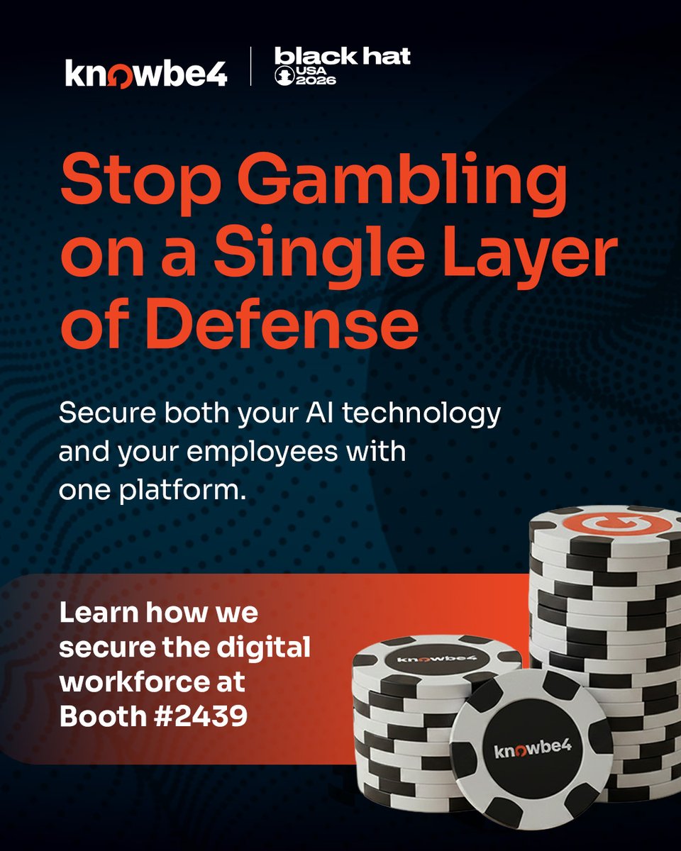 KnowBe4's tweet photo. Protecting your AI while ignoring human risk (or vice versa) is a losing bet. 🎲 Come see how KnowBe4 secures the entire digital workforce at #BHUSA!

📍 Booth 2439 https://t.co/gkAPcgBBk5