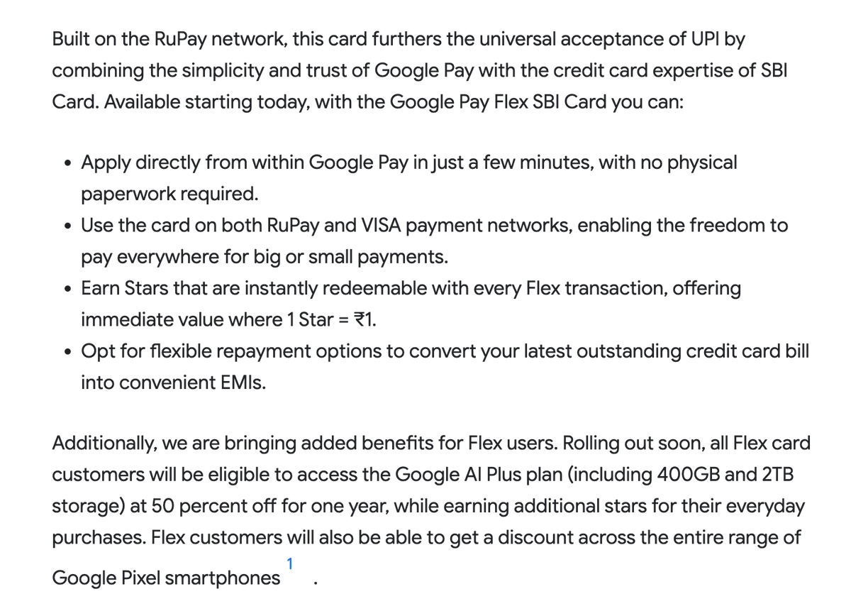 stufflistings's tweet photo. Google Pay and SBI have launched the Google Pay Flex SBI Card.

Flex card users will earn stars that will be instantly redeemable (1 star = ₹1), they will also be eligible to get the Google AI Plus plan at 50% off for a year, and will get a discount on the purchase of Pixel phones.