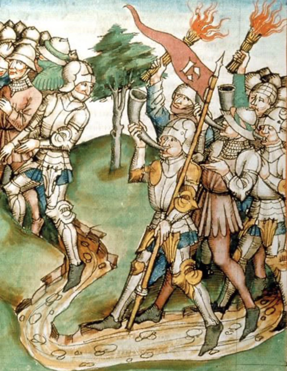 Argonaut1535's tweet photo. 🏴󠁧󠁢󠁥󠁮󠁧󠁿⚔️Plate armor had become ubiquitous by the latter 15th century, with militias in the German & Italian especially states all wearing (and required to in many cases) at least some form of plate armor. The English tended towards padded jacks and brigandines for levy troops/militia, as opposed to the Italians & Germans.

When we look at the accounts of Nobleman in the 15th century, (we have a healthy amount of records from this era) we see A LOT of plate armor;

In 1481, 85% of the troops of John Howard, Duke of Norfolk, were issued with good brigandines, a mail standard (collar), sallets of varying types, and full plate arm harnesses! 

On his death in 1513, John de Vere, 13th Earl of Oxford, possessed the following: 16 Plate cuirasses (corselets), 101 brigandines, 175 sallets, and 77 pairs of plate arm harnesses. That’s just one record from the inventory of one Nobleman!  

Supposedly after the Battle of Agincourt in 1415, the English salvaged so much plate armor they couldnt carry it all; there was so much they piled it up and burned it with the dead! Take this story w/ a grain of salt ofc, but it illustrates how widely available plate armor was by the 15th centuries…even for the common soldier!