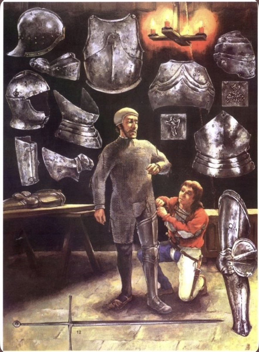 Argonaut1535's tweet photo. 🏴󠁧󠁢󠁥󠁮󠁧󠁿⚔️Plate armor had become ubiquitous by the latter 15th century, with militias in the German & Italian especially states all wearing (and required to in many cases) at least some form of plate armor. The English tended towards padded jacks and brigandines for levy troops/militia, as opposed to the Italians & Germans.

When we look at the accounts of Nobleman in the 15th century, (we have a healthy amount of records from this era) we see A LOT of plate armor;

In 1481, 85% of the troops of John Howard, Duke of Norfolk, were issued with good brigandines, a mail standard (collar), sallets of varying types, and full plate arm harnesses! 

On his death in 1513, John de Vere, 13th Earl of Oxford, possessed the following: 16 Plate cuirasses (corselets), 101 brigandines, 175 sallets, and 77 pairs of plate arm harnesses. That’s just one record from the inventory of one Nobleman!  

Supposedly after the Battle of Agincourt in 1415, the English salvaged so much plate armor they couldnt carry it all; there was so much they piled it up and burned it with the dead! Take this story w/ a grain of salt ofc, but it illustrates how widely available plate armor was by the 15th centuries…even for the common soldier!