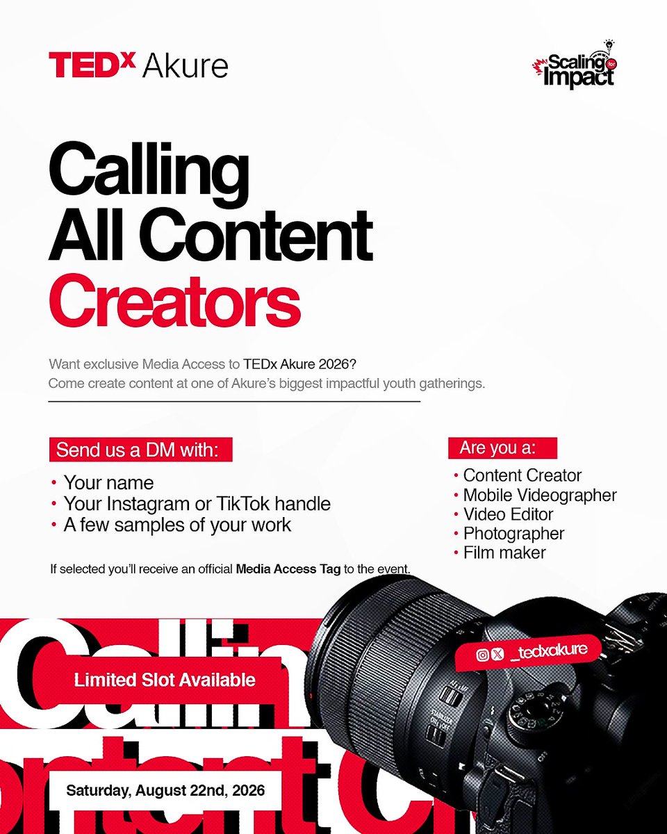 _tedxakure's tweet photo. Want exclusive media access to TEDxAkure 2026?

If you're a photographer, videographer, filmmaker, video editor, or content creator, send us a DM with: 
• Your name 
• Your IG/TikTok handle 
• Samples of your work

Limited slots available.

#TEDxAkure #ScalingForImpact https://t.co/ggNjVplTNg