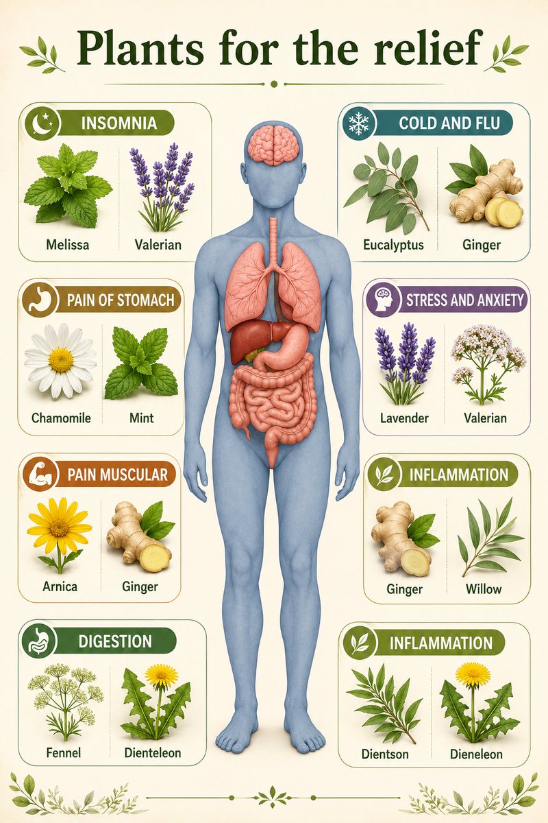 BarbaraOneillAU's tweet photo. 🌿 PLANTS THAT HEAL — NATURAL RELIEF WITHOUT THE SIDE EFFECTS 🧠

Before reaching for the medicine cabinet, consider what nature already provides. These powerful plants have been used for centuries — and today, science is catching up.

🛌 For Insomnia
• Melissa (Lemon Balm) – Calms the nervous system
• Valerian Root – Promotes restful sleep and reduces sleep latency

🤒 For Cold & Flu
• Eucalyptus – Clears sinuses and opens airways
• Ginger – Natural antiviral and anti-inflammatory

🤯 For Stress & Anxiety
• Lavender – Relieves tension and balances mood
• Valerian – Eases nervous restlessness and overthinking

🤢 For Stomach Pain
• Chamomile – Soothes cramps and gas
• Mint – Relieves bloating and supports digestion

💥 For Muscle Pain
• Arnica – Reduces bruising, swelling, and soreness
• Ginger – Relieves aches through anti-inflammatory action

🔥 For Inflammation
• Ginger & Willow Bark – Natural pain relief and swelling reduction
• Dandelion (Dienteleon) – Supports detox and liver function

🌀 For Digestion
• Fennel – Reduces gas and supports gut balance
• Dandelion Leaf – Promotes bile flow and digestive comfort

🧠 Every plant carries a purpose — and many of the answers we seek are still rooted in nature.