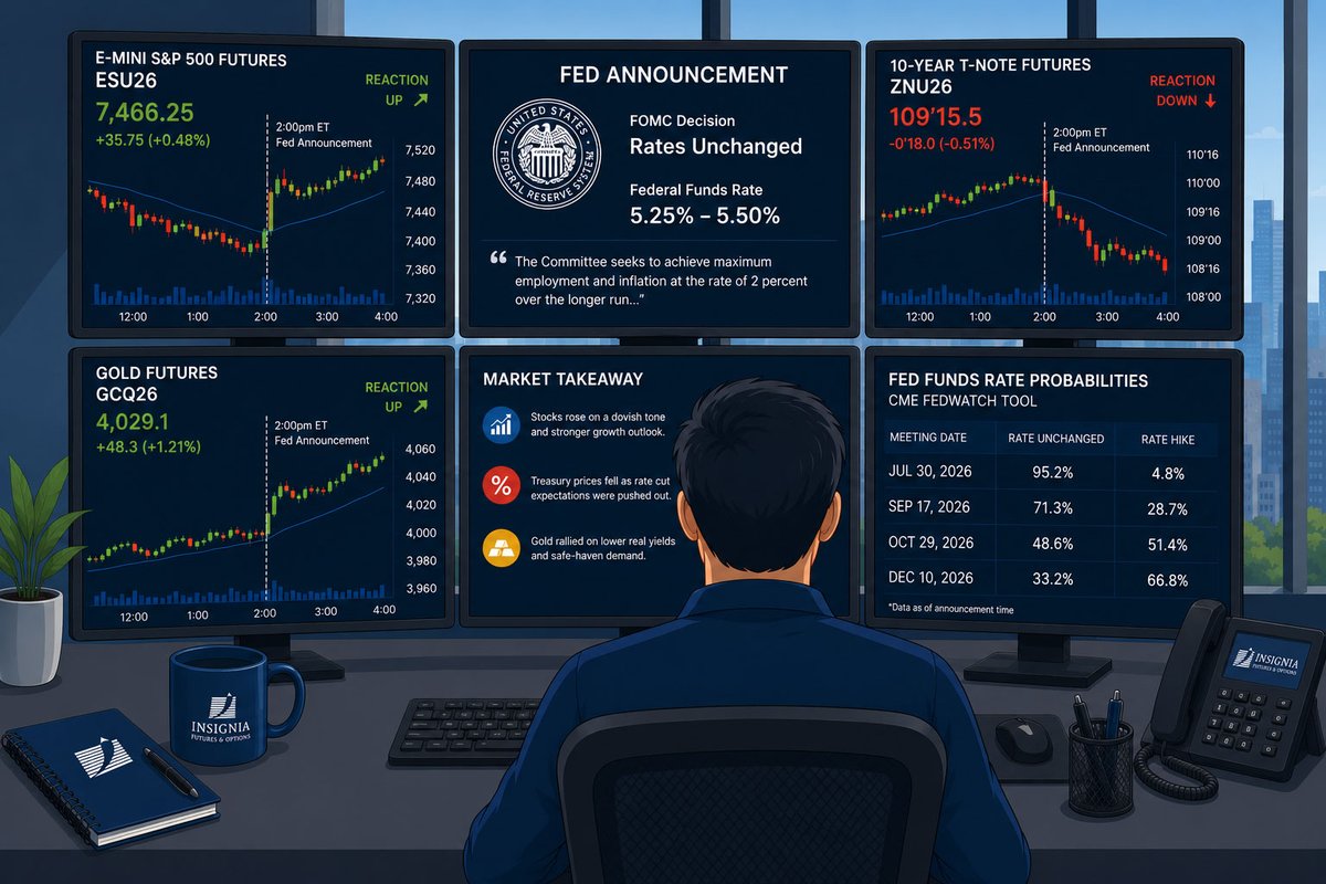 InsigniaFutures's tweet photo. Fed announcements don’t just move one market - they can move several at the same time.

Why does the E-mini S&P 500 sometimes rally while Treasury futures and Gold futures head in the opposite direction?

Understanding why each market reacts differently can help you better interpret volatility on FOMC days.

Read our latest article:
👉 https://t.co/aE0SWkapra

Disclaimer: Derivatives trading involves substantial risk of loss and is not suitable for all investors.