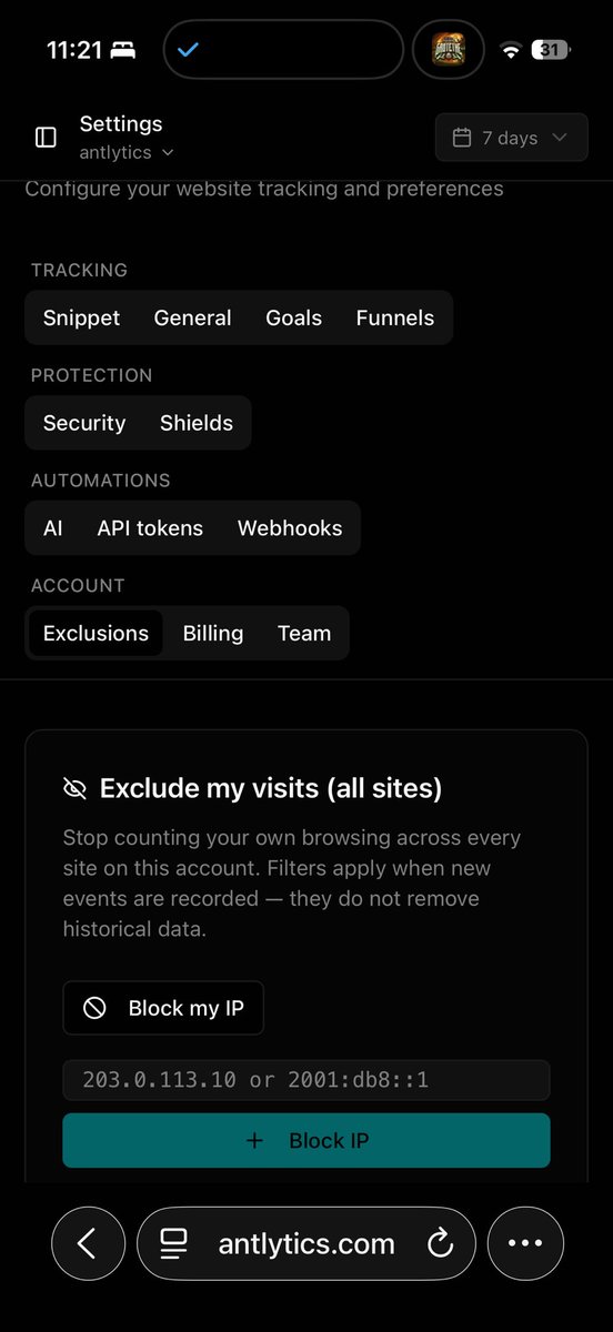 ulmanau's tweet photo. Having to manually block my IPs on Antlytics at an individual project level seemed tedious - should have added account wide settings from the get go! Shipped now https://t.co/cpImU206ki