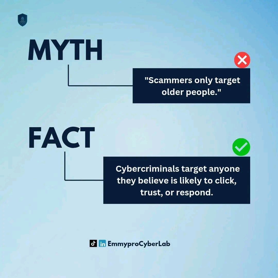 BasilPhilz's tweet photo. You might be believing one of these myths.

Cybercriminals don't rely on sophisticated tools alone, they rely on common misconceptions.

The more you know, the harder you are to trick.

Which of these myths have you heard? Tell us in the comments.
@Cyberhijabitech @smart_rogo https://t.co/yaaRcjc0fA