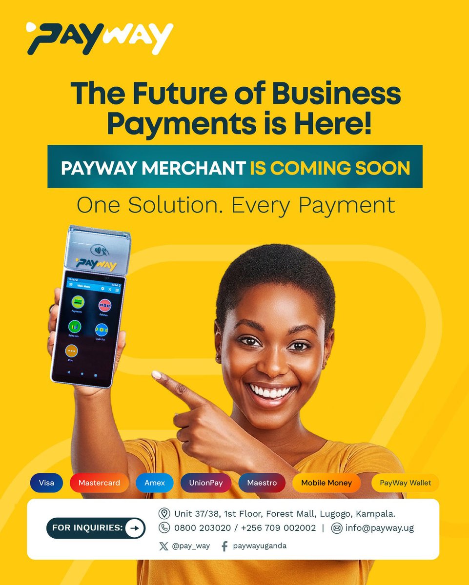 pay_way's tweet photo. DID YOU KNOW?
PayWay for Merchants is launching soon with powerful solutions designed for businesses of all sizes.

✅ POS Terminals
• Accept card payments with tap.
• Mobile Money integration
• Offline transaction support
• Instant receipt printing

✅ Online Payments
• Seamless website & app integration
• Hosted checkout pages
• Recurring billing options
• Multi-currency support

🌐 Join the wishlist:  https://t.co/6eAG6IYtjG

📍 Unit 37/38, 1st Floor, Forest Mall, Lugogo, Kampala
📞 0800 203020 | +256 709 002002
📧 info@payway.ug

#PayWay #PayWayForMerchants #ComingSoon #BusinessPayments #POS #OnlinePayments #UgandaBusiness