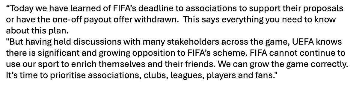 RobHarris's tweet photo. BREAKING: UEFA raise the criticism against Gianni Infantino's World Cup sell-off, saying "FIFA cannot continue to use our sport to enrich themselves and their friends."

UEFA says there is "significant and growing opposition to FIFA’s scheme."

Full statement https://t.co/rawhusUHNU