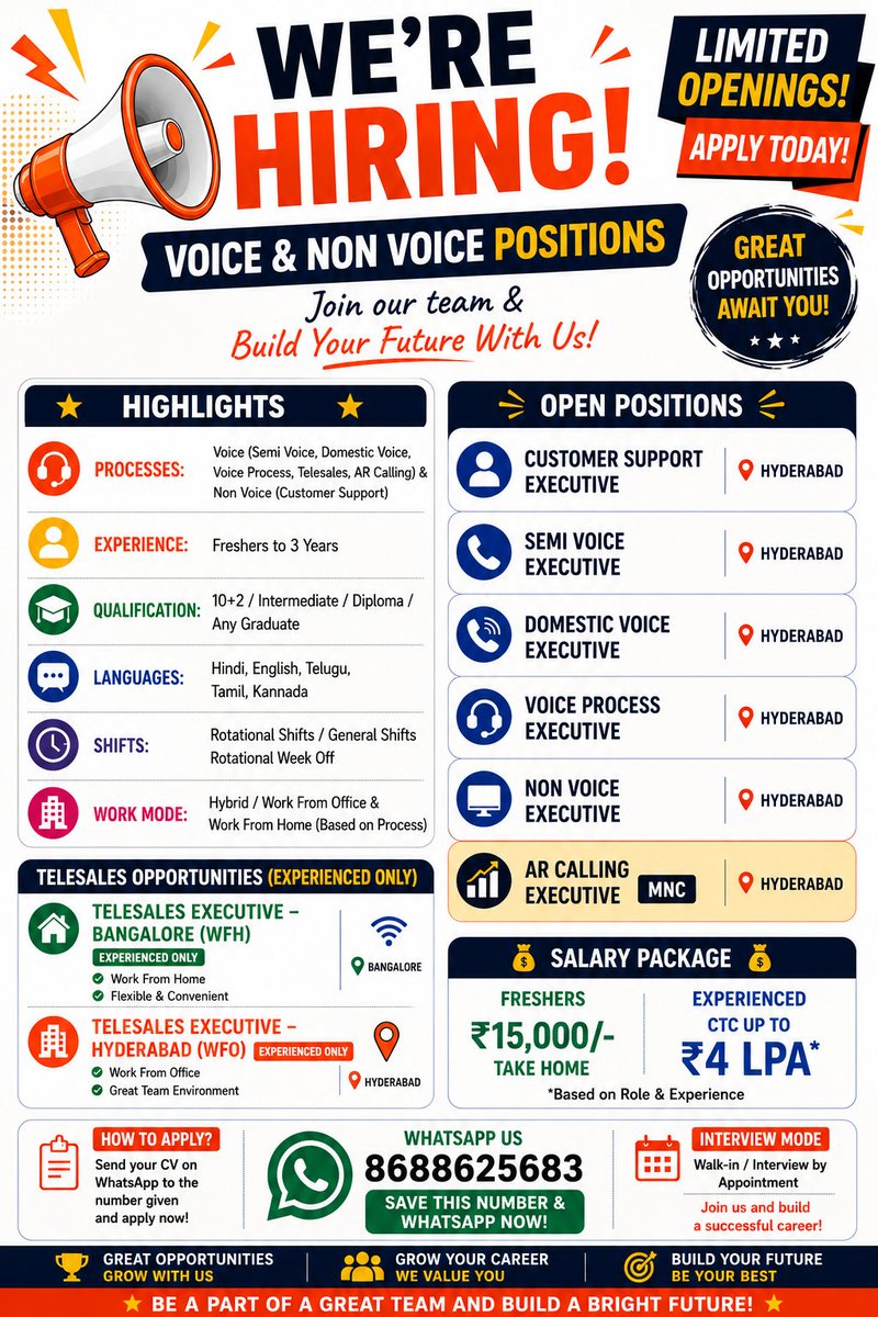 rahul_2272's tweet photo. We're hiring for multiple roles in Hyderabad and banglore.
🌟 Freshers &amp; Experienced Candidates
Starting salary for freshers 15k in hand
And up to ₹4 LPA for experiance.
Also hiring for MNC.
📲 Apply now via WhatsApp.
#HiringNow #Hyderabad #FreshersJobs #CustomerSupport #BPOJob https://t.co/lDsTlOKF09