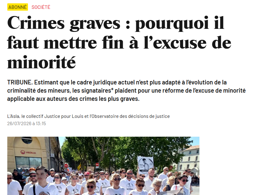 ODJ_France's tweet photo. 🚨 Une belle étape franchie pour notre Observatoire !

Pour la première fois, l’Observatoire des Décisions de Justice (ODJ) fait entendre sa voix dans les colonnes du Journal du Dimanche (@leJDD) !

Aux côtés du collectif Justice pour Louis, de l'ASLA (@ASLA_asso), et soutenus par des dizaines d'élus, d'avocats et d'anciens ministres, nous avons co-signé une tribune politique majeure.

⚖️ Notre revendication commune ? Une réforme urgente de l’excuse de minorité pour les crimes les plus graves.

Matisse, Thomas, Benoît, Elias, Philippine... et aujourd'hui Louis. Les drames se succèdent, mais la loi, elle, ne change pas. Face à l'évolution de la criminalité, notre justice ne peut plus fermer les yeux : un individu de 16 ou 17 ans capable de commettre un meurtre ou des actes de barbarie ne doit plus bénéficier d'une atténuation de peine par principe.

Cette publication dans un média national est une vraie victoire pour notre Observatoire. Et ce tournant, nous vous le devons. C’est grâce à votre fidélité et à votre soutien que l'ODJ pèse aujourd'hui dans le débat public national !

👉 Retrouvez l'intégralité de notre tribune dans le JDD : https://t.co/NQ6ZyLPpdG
💪 Aidez-nous à poursuivre ce travail d'influence en soutenant l'ODJ : https://t.co/synrdzhGCc
#Justice #JDD #ODJ #ExcuseDeMinorité #Droit #DébatPublic #Sécurité #Tribune