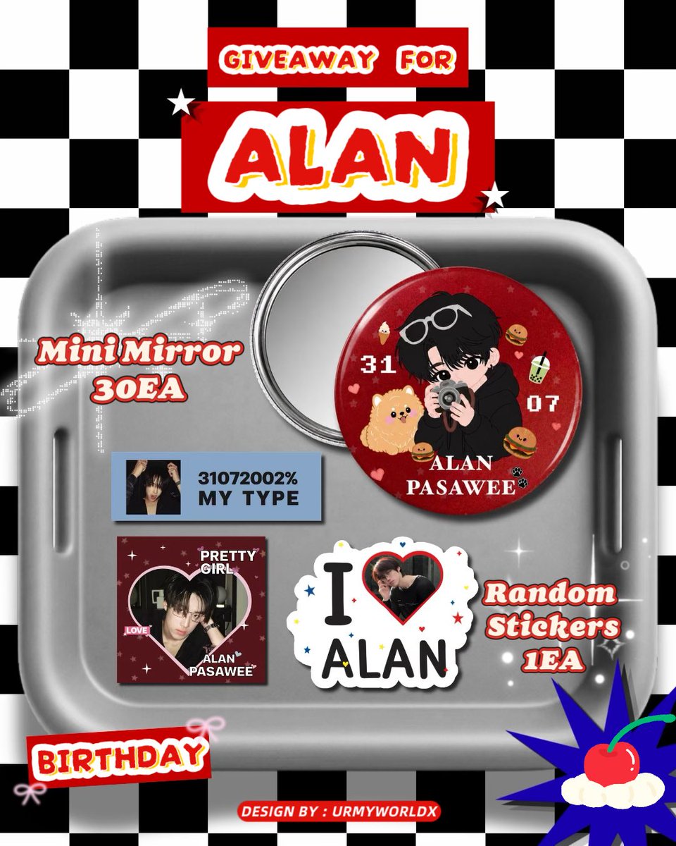 urmyworldx's tweet photo. ˚₊ 🅿️ls kindly rt 🍭ྀི
🍓🍟Giveaway #ALANpasawee Birthday
ᕱ⑅ᕱ🤍
3🍥 sets
1 set : Mini Mirror / Random stickers
────୨ৎ────
➤ Date : 1 Aug 2026
➤ ⏰ : tba
➤ 📍: 𑣲𝑨IS SIAM 3rd floor At Siam Square
💌 For exchange pls dⓂ️ / mention
🧁 ❥ #ALAN24thcherrychapter https://t.co/jQPgOyTOe7