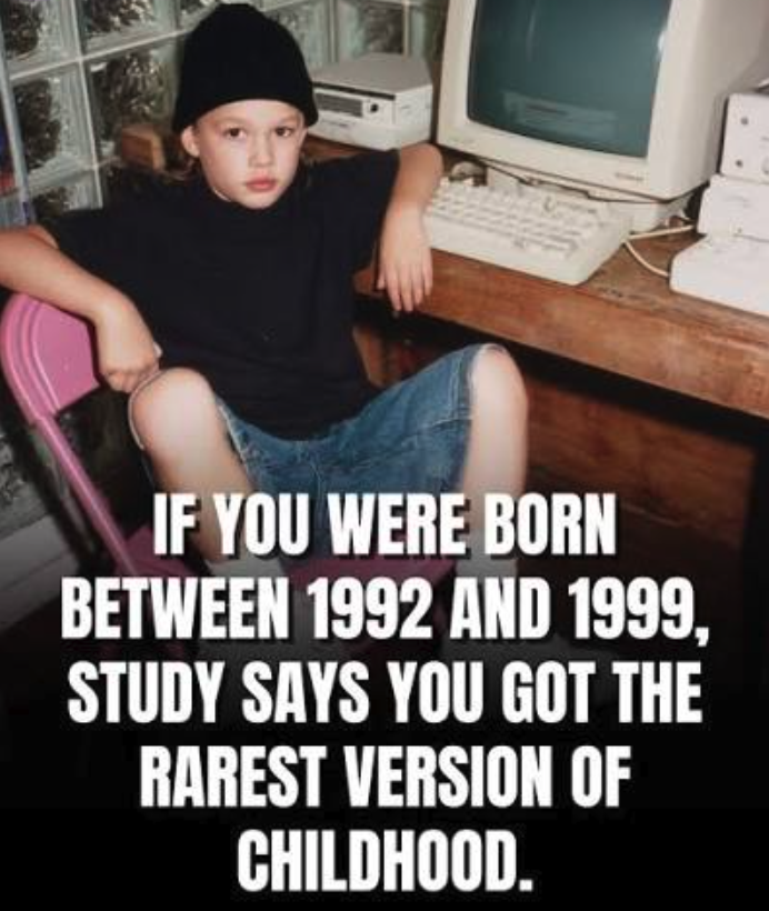 Rainmaker1973's tweet photo. If you were born between 1992 and 1999, studies show you got the rarest version of childhood.

People born between 1992 and 1999 belong to a unique micro-generation known as Zillennials. They experienced a rare cultural sweet spot because they are the last group to remember a fully analog childhood but the first to navigate a completely digital adolescence.

During their early years, life was fundamentally unplugged. They played outside until the streetlights came on, watched movies on VHS tapes, and used landlines to call friends. Entertainment required physical presence and imagination, creating a childhood detached from constant public scrutiny or online validation.

As they entered middle and high school, the world shifted beneath them. They witnessed the birth of the modern internet, the launch of the first smartphones, and the rise of early social media platforms like Myspace and Facebook. They did not grow up with tablets as toddlers, but they were tech-savvy enough to adopt new devices instantly as teenagers.

This specific timing created a generation that acts as a linguistic and cultural bridge. They understand the slow pace of the pre-internet era, yet they are entirely fluent in modern digital culture. This dual perspective gives them a rare form of adaptability, allowing them to relate equally to older adults and younger digital natives.