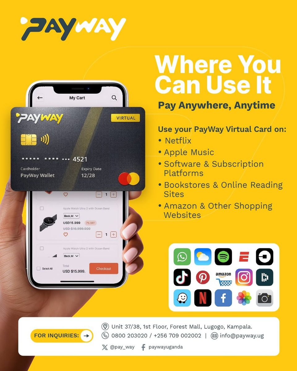 pay_way's tweet photo. Use your PayWay Virtual Card on:
🎬 Netflix
🎵 Apple Music
💻 Software & subscription platforms
📚 Bookstores & online reading sites
🛒 Amazon & other shopping websites

How to top up your card:
📱 Mobile Money – Add funds to your PayWay Wallet
🏪 Retailer – Deposit cash at any PayWay retailer outlet
👛 Wallet – Transfer funds from your PayWay Wallet
💳 Card – Start spending online instantly

🌐 Get yours today: https://t.co/JHGyqqloap

Need support?
📧 support@payway.ug
📞 0800 203020
📍 Unit 37/38, 1st Floor, Forest Mall, Lugogo, Kampala

#PayWayUganda #VirtualCard #DigitalPayments