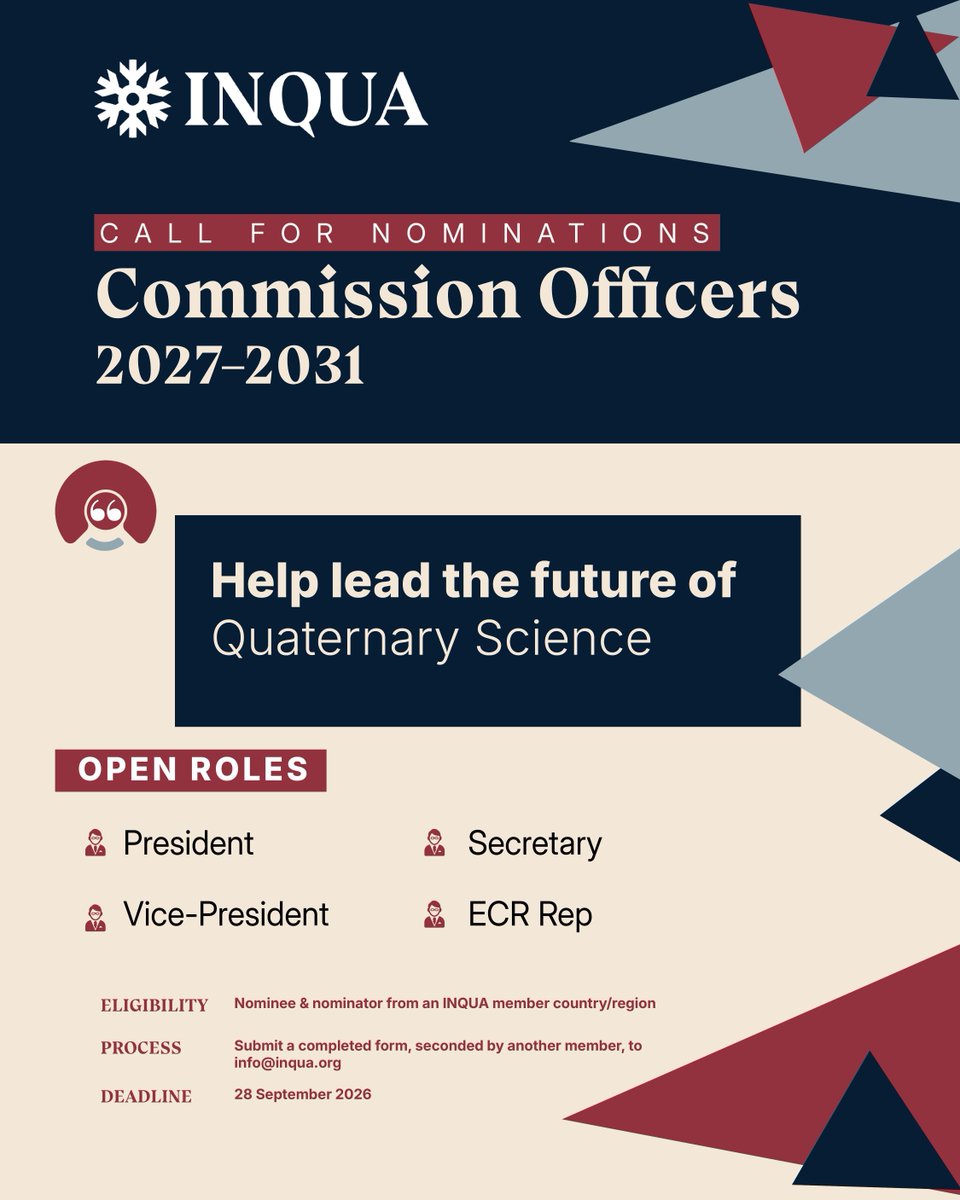 INQUA's tweet photo. 🚨 Shape the Future of Quaternary Research! 🏔🦴🌊

The International Union for Quaternary Research (INQUA) is inviting nominations for Commission Officers (2027–2031).

We are seeking enthusiastic scientists to serve as:
• President
• Vice President
• Secretary
• Early Career Researcher (ECR) Representative

📅 Nomination Deadline: 28 September 2026
📧 Submit nominations: info@inqua.org
📍 Elections: To be held before the INQUA Congress 2027 in India.

🎓 Early Career Researchers: Self-nominations are welcome for the ECR Representative position.

For eligibility, nomination guidelines, and further details, visit:
🌐 https://t.co/ljud1F397O

#INQUA #Quaternary #QuaternaryScience #Paleoclimate #Geology #Geoarchaeology #EarthScience #EarlyCareerResearchers #ECR #ScientificLeadership
