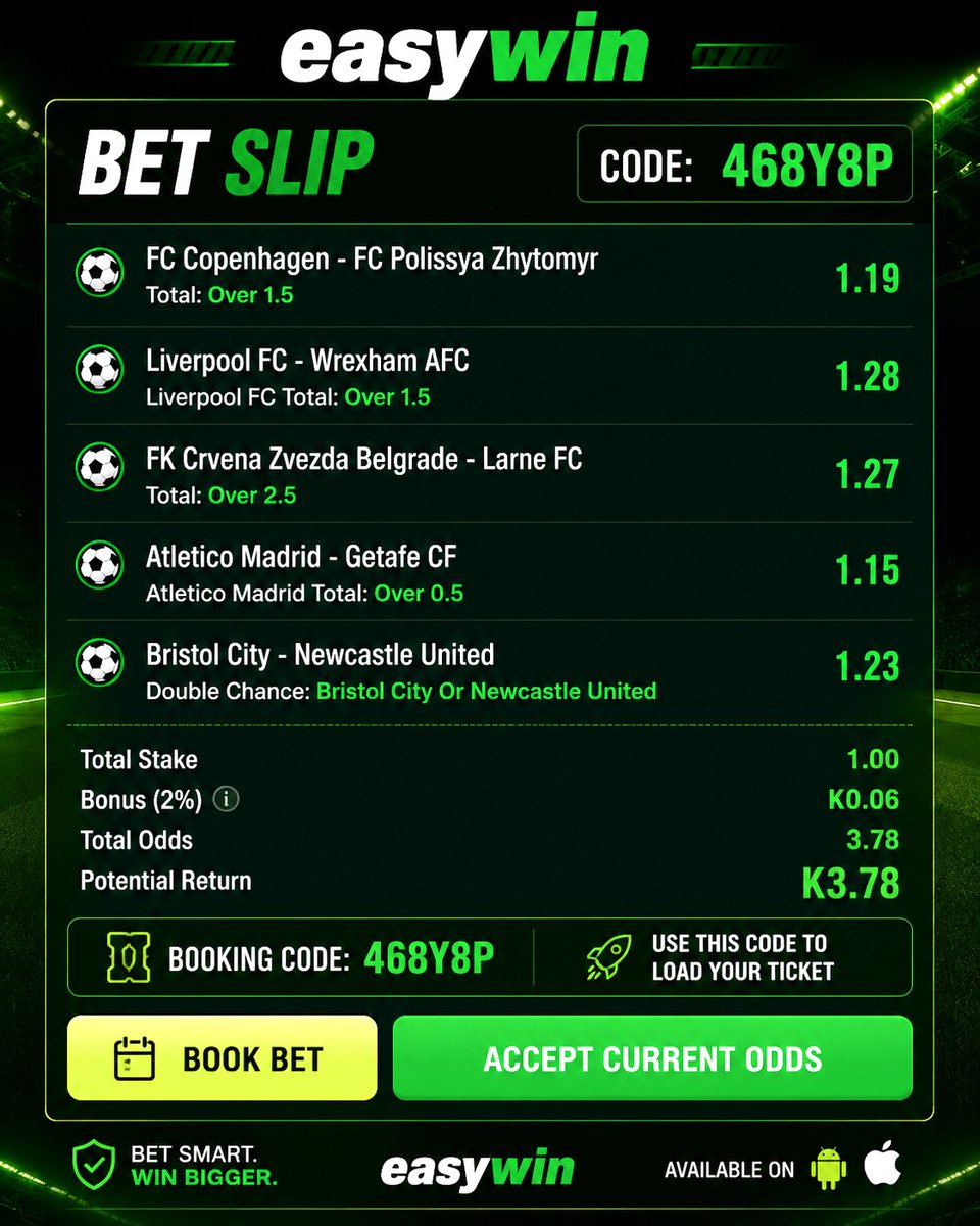 Easywin227835's tweet photo. TODAY'S TOP PICKS 🔥

🎯 Total Odds: 3.78

🎟️ Booking Code: 468Y8P

Use the website to place your bet right now! ⚽ https://t.co/f2rJzb6Hd1