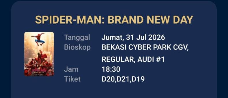 SuccessfulDiplo's tweet photo. WTS Spider-Man: Brand New Day 🎬

3 tiket cuma 90k. 
📍 CGV Bekasi Cyber Park 
🗓 Jumat, 31 Juli 2026 
🕡 18.30 
🎟 D19, D20, D21. Posisi tengah, view pewe.

Boleh banget nego. Langsung reply or DM aja guysss.

#wtb #wts #zonauang #bealanja #wtstiket #spiderman  #bekasi https://t.co/H4LcrZ0iVa