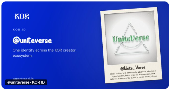 Unite_Verse's tweet photo. 🚀 KOR ID is now live on Base, unlocking the entire KOR ecosystem.

🔗 I just minted my @KorProtocol ID. One identity across the entire KOR ecosystem. https://t.co/vges6GK8ss

With $7.5M raised and backing from top-tier investors, @KorProtocol is building the future of creator rights, AI, and Web3.

👀 Early users could be well-positioned if a $KOR airdrop arrives.

Stay early. Stay ahead.