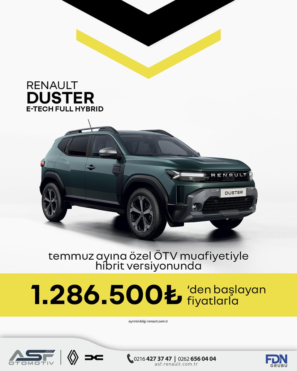 asfrenaultdacia's tweet photo. Renault Duster E-Tech Full Hybrid, temmuz ayına özel ÖTV muafiyetiyle 1.286.500 TL’den başlayan fiyatlarla sizi bekliyor.

Güçlü tasarımı ve hibrit teknolojisini yakından keşfetmek için ASF Renault &amp; Dacia showroomlarımıza bekliyoruz.

#ASFRenault #RenaultDuster https://t.co/nM1htIUmKI