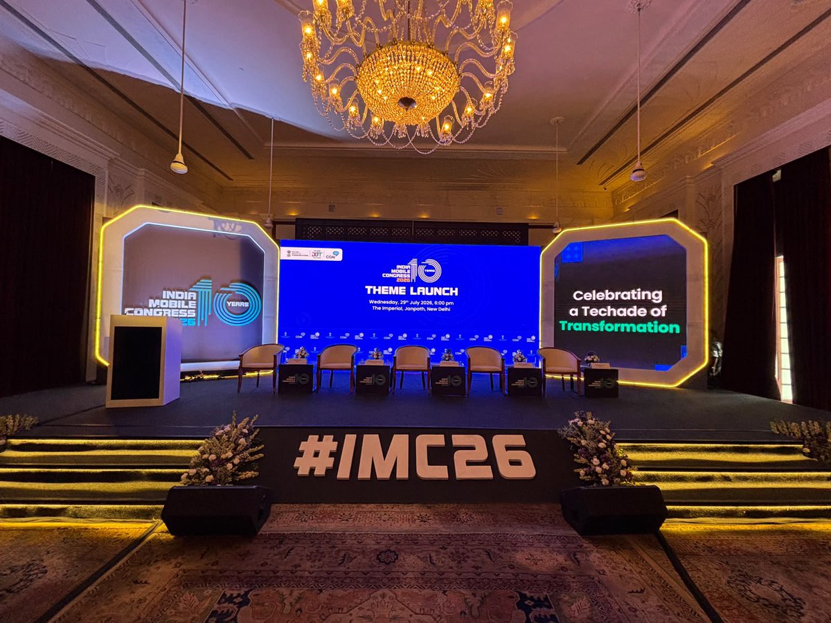 MayankJ52240160's tweet photo. 🇮🇳 The countdown to #IMC2026 begins!

Great to witness the Theme Launch of India Mobile Congress 2026, celebrating 10 remarkable years of IMC , a decade that reflects India’s extraordinary journey in telecom, digital connectivity and technology-led innovation. 📡🚀

Under the leadership of Hon’ble PM @narendramodi, and with the vision of Union Minister @JM_Scindia and MoS @PemmasaniOnX, India continues to strengthen its position as a global technology and telecom powerhouse. 

Looking forward to another landmark edition bringing together 5G, 6G, AI, startups, digital infrastructure and global innovation.

@PMOIndia @DoT_India @GoI_MeitY @MIB_India @PIB_India @Secretary_DoT @exploreIMC @ConnectCOAI

#IndiaMobileCongress #IMC2026 #DigitalIndia #IndiaTech #5G #6G #AI #Innovation #Telecom #ViksitBharat