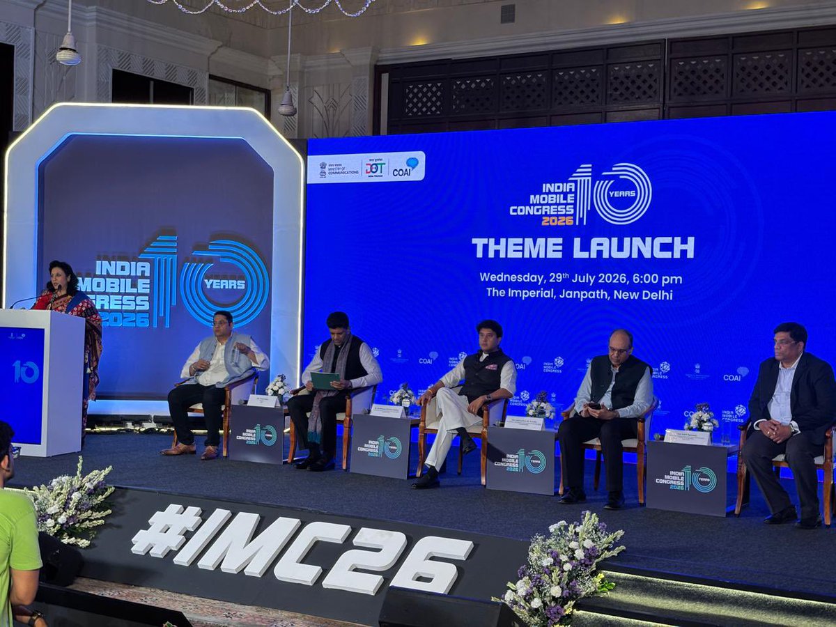 MayankJ52240160's tweet photo. 🇮🇳 The countdown to #IMC2026 begins!

Great to witness the Theme Launch of India Mobile Congress 2026, celebrating 10 remarkable years of IMC , a decade that reflects India’s extraordinary journey in telecom, digital connectivity and technology-led innovation. 📡🚀

Under the leadership of Hon’ble PM @narendramodi, and with the vision of Union Minister @JM_Scindia and MoS @PemmasaniOnX, India continues to strengthen its position as a global technology and telecom powerhouse. 

Looking forward to another landmark edition bringing together 5G, 6G, AI, startups, digital infrastructure and global innovation.

@PMOIndia @DoT_India @GoI_MeitY @MIB_India @PIB_India @Secretary_DoT @exploreIMC @ConnectCOAI

#IndiaMobileCongress #IMC2026 #DigitalIndia #IndiaTech #5G #6G #AI #Innovation #Telecom #ViksitBharat