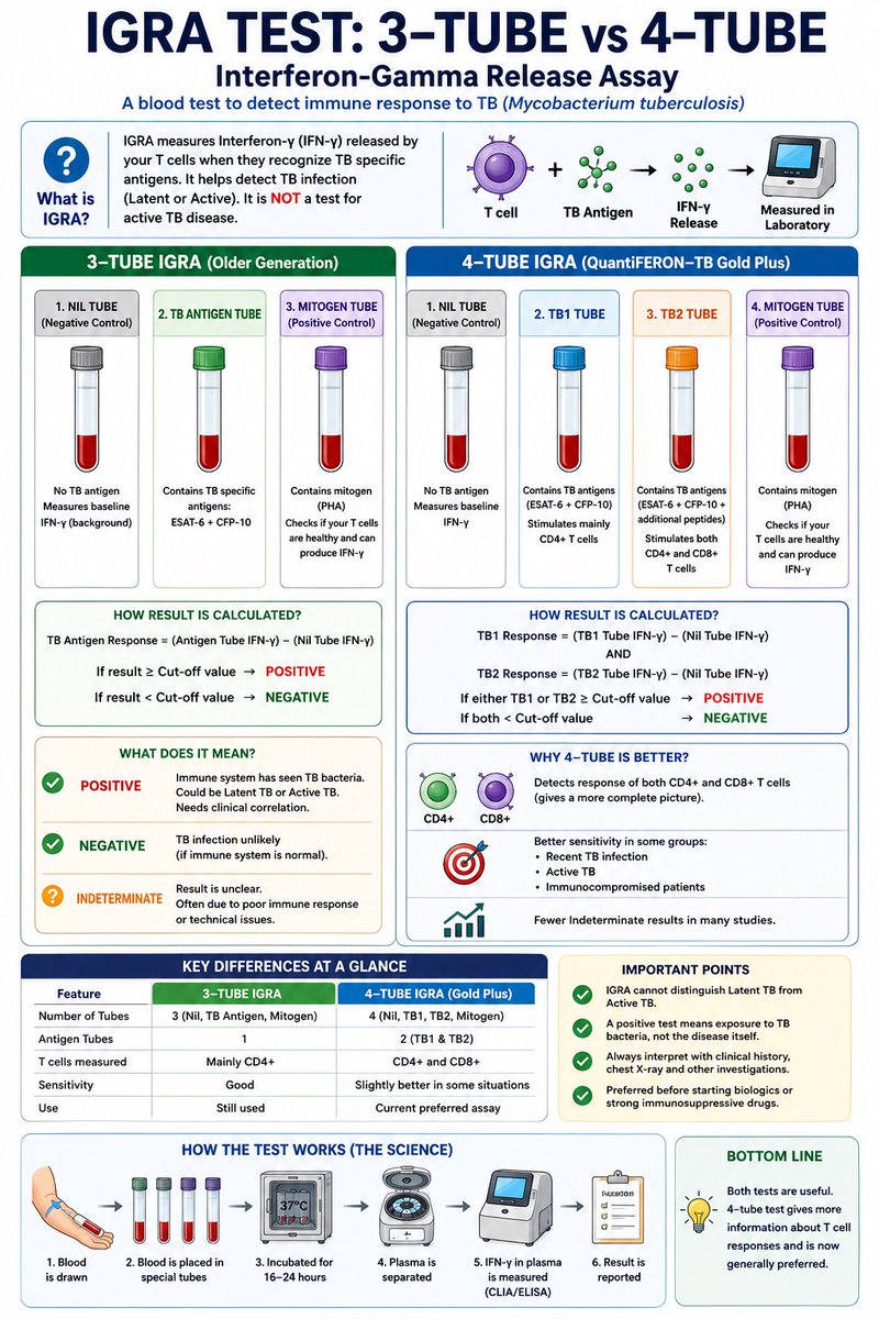 dr_immuno29's tweet photo. 🧪 IGRA Made Easy: From Sample Collection to Interpretation

1️⃣ What is IGRA?

Blood test to detect immune response against TB bacteria
Measures Interferon-gamma (IFN-γ) released by memory T cells
Detects TB infection (latent or active) but cannot distinguish between them

⸻

2️⃣ How is the test performed?

✅ Collect blood in special tubes

⚪ Nil tube → Background IFN-γ (Negative control)
🟢 TB Antigen tube (or TB1 & TB2) → Stimulates TB-specific T cells
🟣 Mitogen tube → Positive control; confirms healthy T-cell function

⬇️

Incubate at 37°C for 16–24 hours

⬇️

Separate plasma

⬇️

Measure IFN-γ using CLIA/ELISA

⬇️

Interpret results

⸻

3️⃣ How do you calculate the result?

TB Response = Antigen − Nil

Compare with laboratory cutoff.

⸻

4️⃣ Interpretation

🟢 Negative

Antigen − Nil below cutoff
No evidence of TB sensitization
Consider false negatives in immunosuppressed patients

🔴 Positive

Antigen − Nil above cutoff
Immune system has recognized Mycobacterium tuberculosis
Does NOT mean active TB
Evaluate clinically

🟡 Indeterminate

Low Mitogen or High Nil
Repeat test
Consider immunosuppression or technical issues

⸻

5️⃣ Role of each tube

⚪ Nil Tube

Measures baseline IFN-γ
Detects background inflammation

🟢 TB Antigen Tube

Contains ESAT-6 & CFP-10
Activates TB-specific memory T cells

🟣 Mitogen Tube

Strong non-specific T-cell stimulant
Confirms immune system is capable of producing IFN-γ

⸻

6️⃣ 3-Tube vs 4-Tube IGRA

3-Tube

Nil
TB Antigen
Mitogen
Mainly measures CD4⁺ T-cell response

4-Tube (QuantiFERON-TB Gold Plus)

Nil
TB1
TB2
Mitogen
Measures CD4⁺ + CD8⁺ T-cell responses
Preferred in many centres

⸻

7️⃣ Important limitations

❌ Cannot differentiate latent TB from active TB

❌ Cannot assess bacterial load

❌ Positive result may persist after previous TB infection or treatment

⸻

8️⃣ Practical example

Nil: 0.15 IU/mL

TB Antigen: 0.57 IU/mL

Mitogen: 9.85 IU/mL

TB Response = 0.57 − 0.15 = 0.42 IU/mL

➡️ Compare with laboratory cutoff

➡️ Report as Positive if above the validated cutoff.

⸻

9️⃣ Rheumatology Pearls

✔ Screen before:

TNF inhibitors
JAK inhibitors
IL-6 inhibitors
Rituximab
Abatacept

✔ Positive IGRA ≠ Active TB

✔ Always exclude active TB before treating latent TB or starting biologics.

🔑 Take-home Message

Remember the 3 Cs:

Controls → Nil & Mitogen
Calculation → Antigen − Nil
Clinical Correlation → Symptoms + Chest X-ray + Risk factors

IGRA detects immune memory, not live TB bacteria.