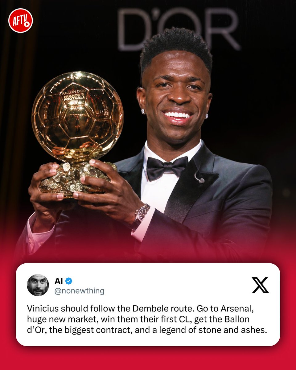 AFTVMedia's tweet photo. Staying at Real Madrid isn't bad. Trophies, history, the biggest stage in the world, nobody's arguing with that.

But winning our first ever Champions League, becoming the man who finally delivers it, and being remembered as a LEGEND here? That's a different level entirely. 🙏🔴 https://t.co/dODe1qLKyd