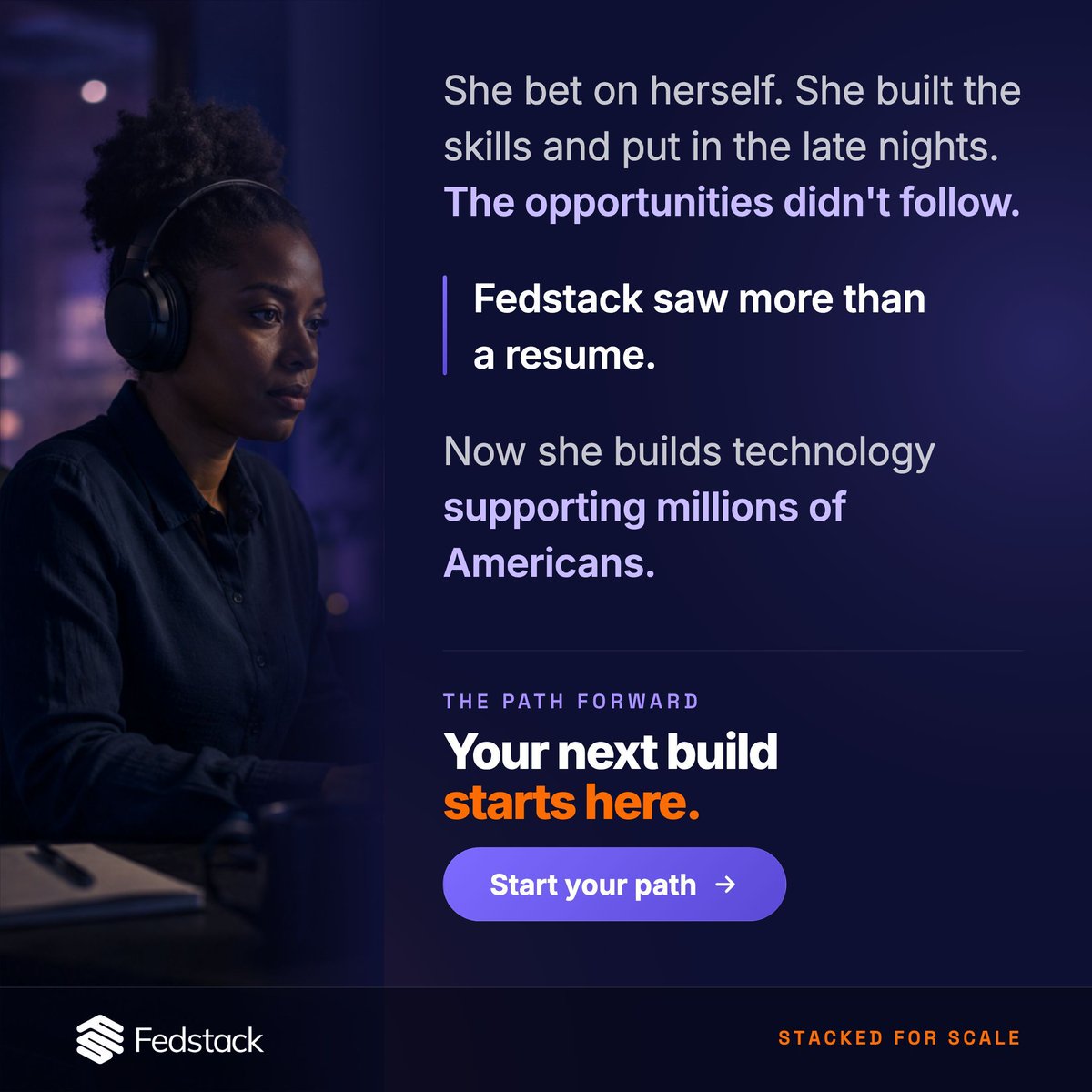 FedStack's tweet photo. She put in the work. Built the skills. Kept going.

Fedstack saw more than where she had been. We saw what she was ready to become.

Today, she is building technology that supports millions of Americans.

Your next build starts here.
#Fedstack https://t.co/iG9g3szfEw