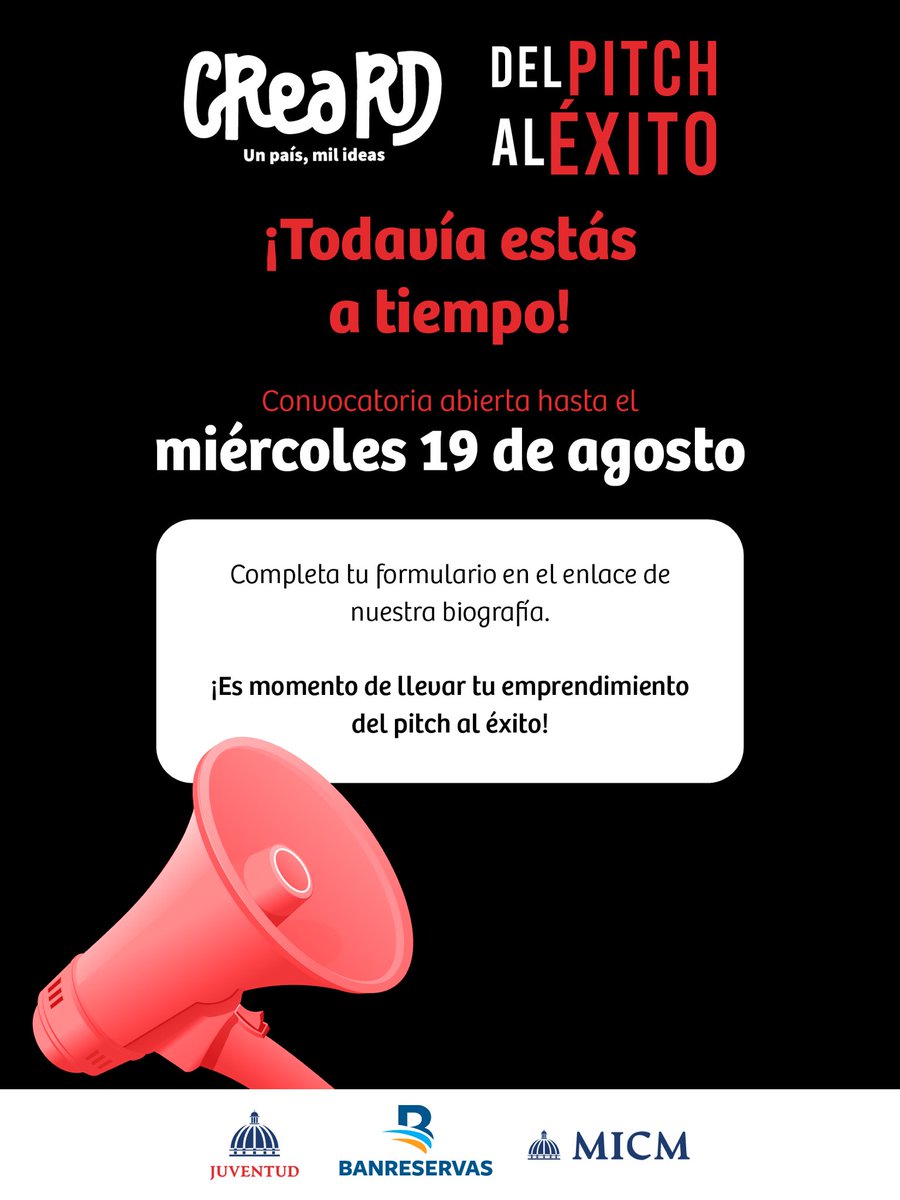 JuventudRD's tweet photo. 📲 Inscríbete en https://t.co/5LgjuPdjCd

#CREARD #DelPitchAlÉxito #JuventudRD https://t.co/IphKW43eqz