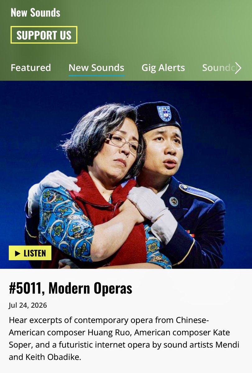 ruohuang's tweet photo. Thanks @newsounds for posting this! 🙏❤️
“Hear a piece from the opera, An American Soldier by Chinese-American composer Huang Ruo, whose libretto was written by David Henry Hwang (M. Butterfly 
and Yellow Face)”

https://t.co/D9JHcuN7ku https://t.co/kY93FoRGuN