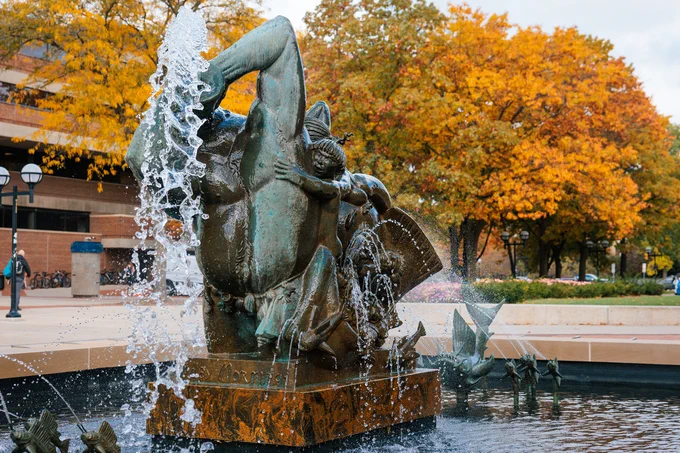The Cooley Memorial Fountain, located on Ingalls Mall, features Sunday Morning in Deep Waters, a bronze sculpture by Swedish artist Carl Milles depicting the sea god Triton and his 13 sons.