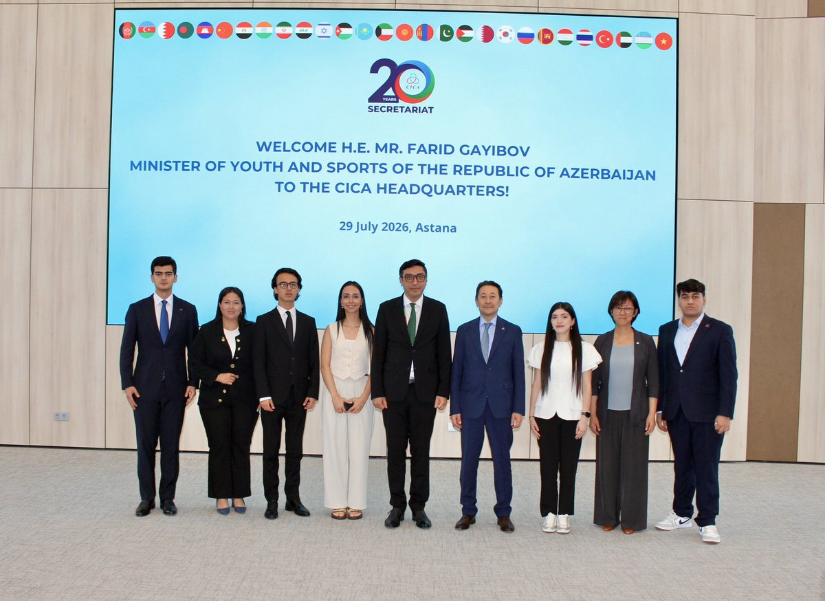 CicaSecretariat's tweet photo. Led by Minister @faridgayibov and accompanied by young #volunteers, delegation of @officialmys visited #CICA HQ in #Astana. 

#CICA Secretary General Amb @KairatSarybay & Minister @faridgayibov discussed advancing youth agenda under #AzChairmanship 🇦🇿, highlighting  the impact of #volunteering in building trust & social inclusion along with #sports as powerful tool for uniting youth .

Read more: https://t.co/Vi3xoHlSJH