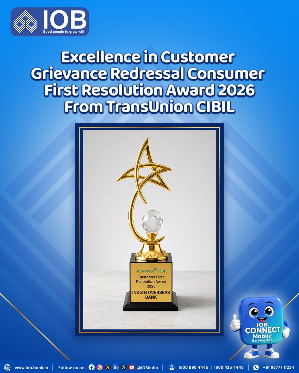 IOBIndia's tweet photo. A proud moment for Indian Overseas Bank as we receive the Consumer First Resolution Award 2026 from TransUnion CIBIL for excellence in consumer grievance redressal.

With a 100% grievance resolution rate within the timeline stipulated by RBI, this recognition reaffirms our commitment to putting our customers first and delivering timely, efficient and customer-centric service.

#IndianOverseasBank #IOB #CustomerFirst #ConsumerFirst #GrievanceRedressal #ServiceExcellence #DFS #RBI #IOBForYou