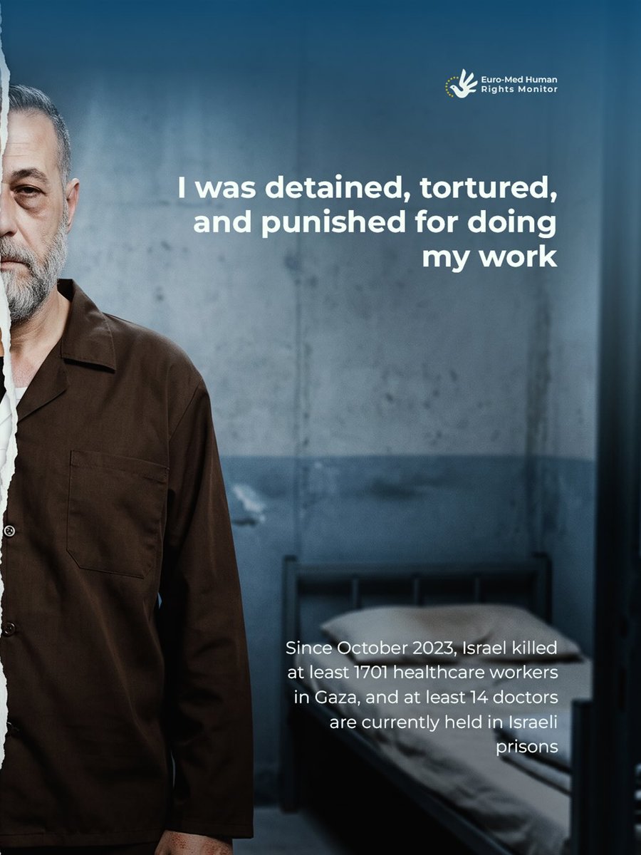 EuroMedHR's tweet photo. Around 18 months into his detention, Palestinian paediatrician Dr Hussam Abu Safiya continues to face torture, ill-treatment, and arbitrary detention in Israeli prisons. Israeli interrogators have reportedly sought to coerce him into confessing to offences he did not commit, while he remains imprisoned under Israel’s so-called “Unlawful Combatant” law.

Dr Abu Safiya is one of at least 14 doctors from Gaza currently held in Israeli custody without charge or trial. Their continued imprisonment has further crippled Gaza’s already devastated healthcare system.

Since the beginning of the genocide in the Gaza Strip, Israeli forces have killed around 1,700 healthcare workers and detained hundreds more. Many of those detained were targeted after refusing to abandon their hospitals and patients, as part of #Israel’s broader campaign to dismantle #Gaza’s healthcare system and forcibly displace its population.

#FreeDrHussamAbuSafiya