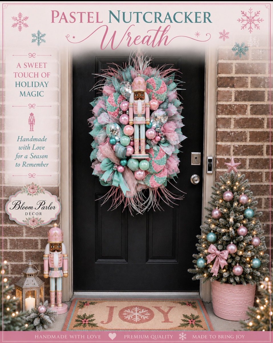 princss6's tweet photo. 🎄✨ Candy-colored Christmas just got an upgrade.

Meet my Pastel Nutcracker Wreath—a handcrafted statement piece featuring a Black nutcracker, shimmering peppermint accents, oversized ornaments, and layers of designer ribbon.

For those who love Christmas that’s elegant, whimsical, and a little unexpected. 💗🩵

Would this be on your front door or gifted to someone special?

🎀 Handmade by Bloom Parlor Decor